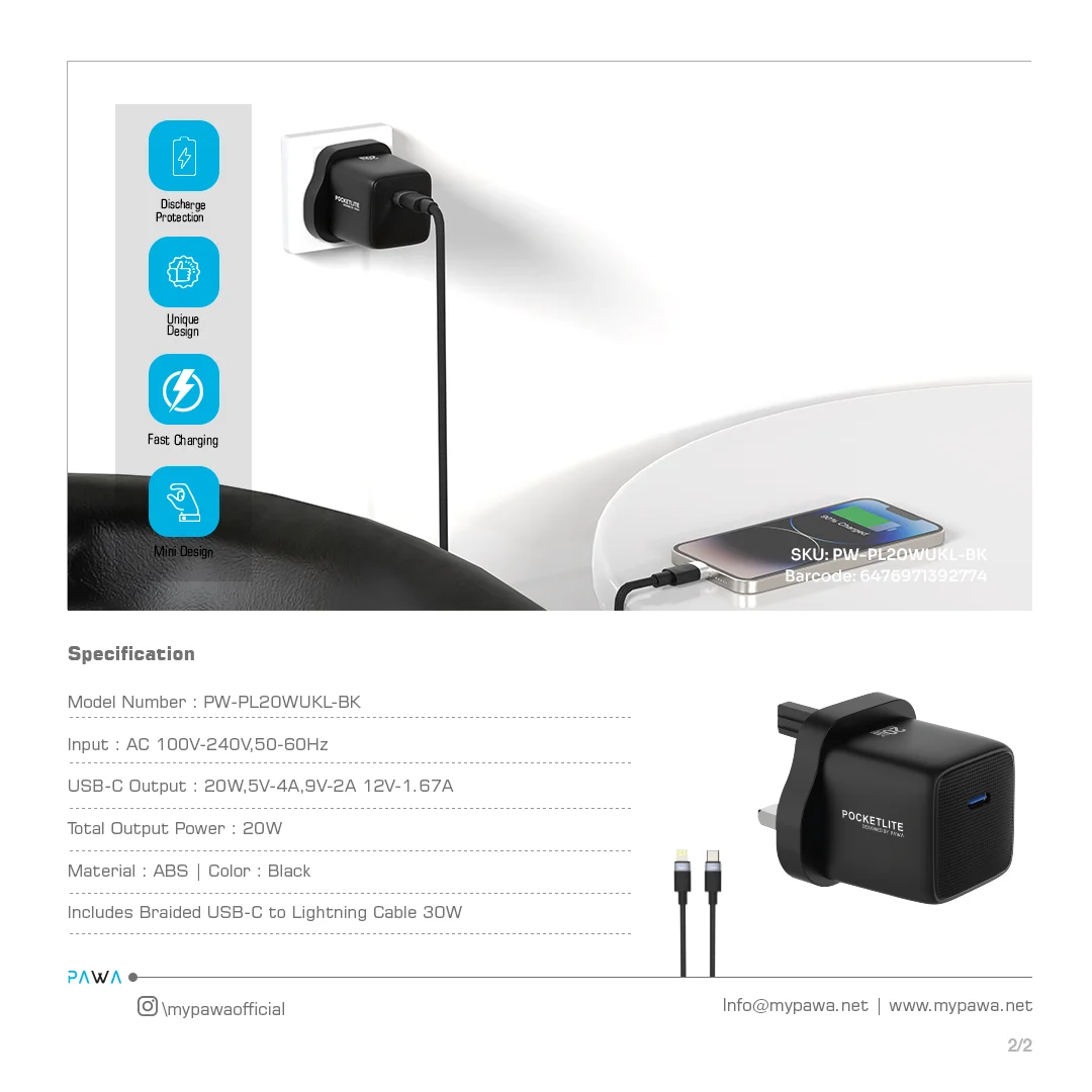 PAWA POCKETLITE TRAVEL CHARGER TYPE-C PORT GAN PD20W TYPE C LIGHTING CABLE BLACK PW-PL20WUKL-BK - Image 4