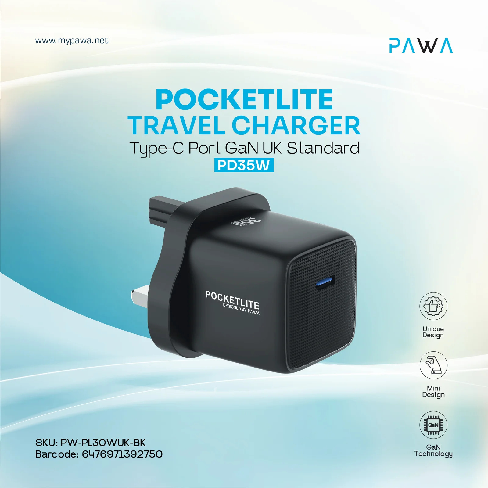 PAWA POCKETLITE TRAVEL CHARGER TYPE-C PORT GAN PD35W BLACK PW-PL30WUK-BK - Image 2
