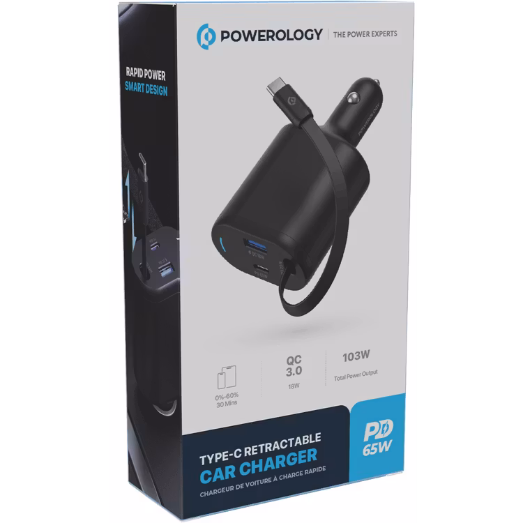 POWEROLOGY CURRNEX 60W MULTI PORT CAR CHARGER WITH RETRACTABLE 75CM CABLE BLACK PCCSR19BK - Image 13