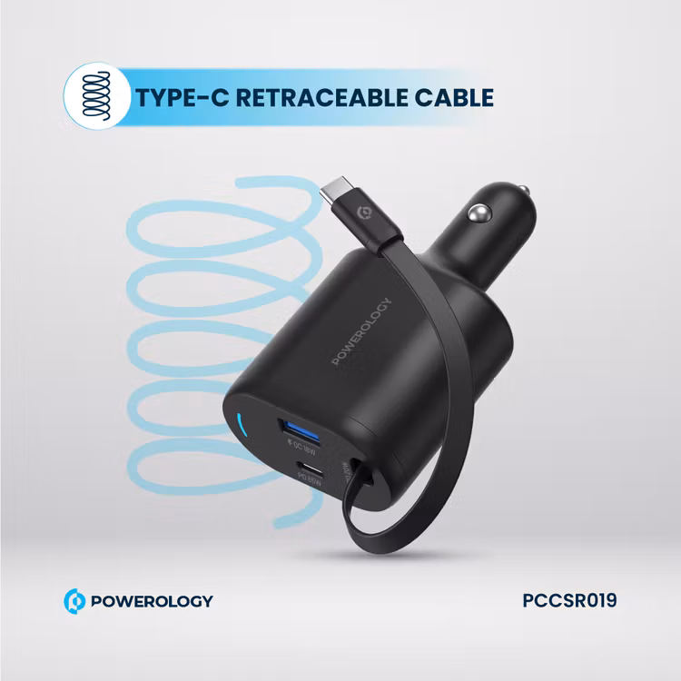 POWEROLOGY CURRNEX 60W MULTI PORT CAR CHARGER WITH RETRACTABLE 75CM CABLE BLACK PCCSR19BK - Image 6