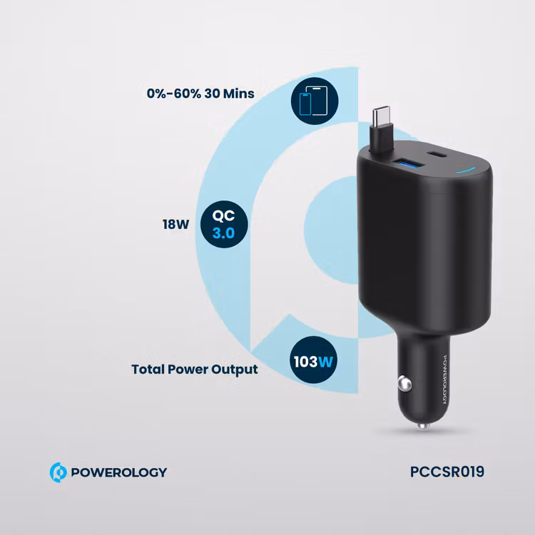 POWEROLOGY CURRNEX 60W MULTI PORT CAR CHARGER WITH RETRACTABLE 75CM CABLE BLACK PCCSR19BK - Image 7
