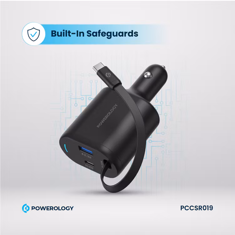 POWEROLOGY CURRNEX 60W MULTI PORT CAR CHARGER WITH RETRACTABLE 75CM CABLE BLACK PCCSR19BK - Image 9