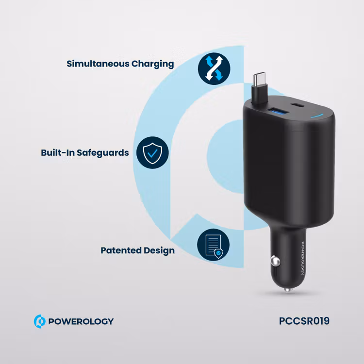 POWEROLOGY CURRNEX 60W MULTI PORT CAR CHARGER WITH RETRACTABLE 75CM CABLE BLACK PCCSR19BK - Image 4