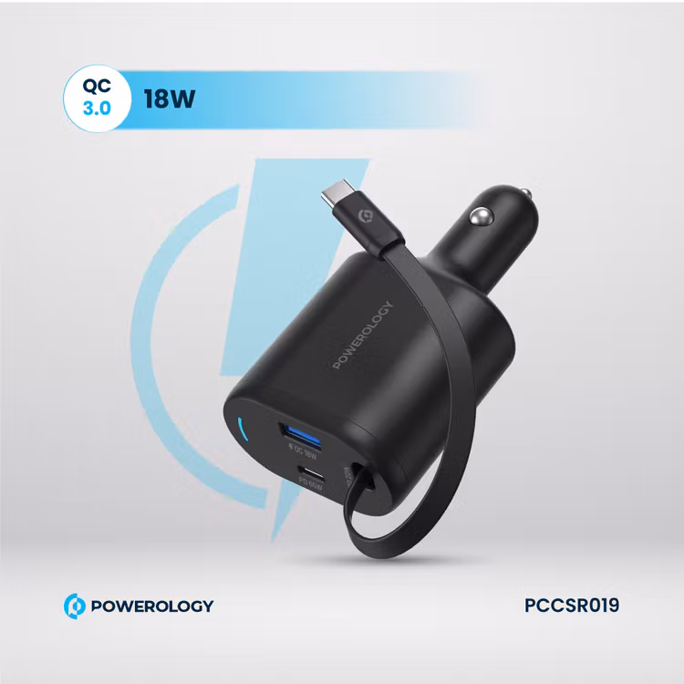 POWEROLOGY CURRNEX 60W MULTI PORT CAR CHARGER WITH RETRACTABLE 75CM CABLE BLACK PCCSR19BK - Image 2