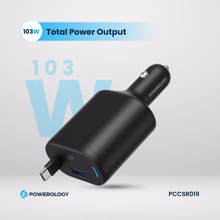 POWEROLOGY CURRNEX 60W MULTI PORT CAR CHARGER WITH RETRACTABLE 75CM CABLE BLACK PCCSR19BK - Image 3