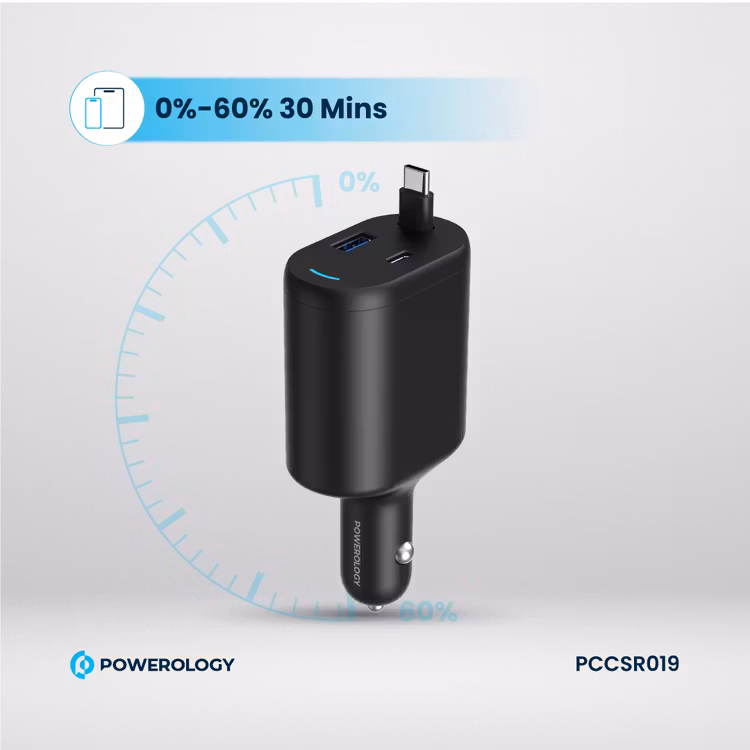 POWEROLOGY CURRNEX 60W MULTI PORT CAR CHARGER WITH RETRACTABLE 75CM CABLE BLACK PCCSR19BK - Image 5