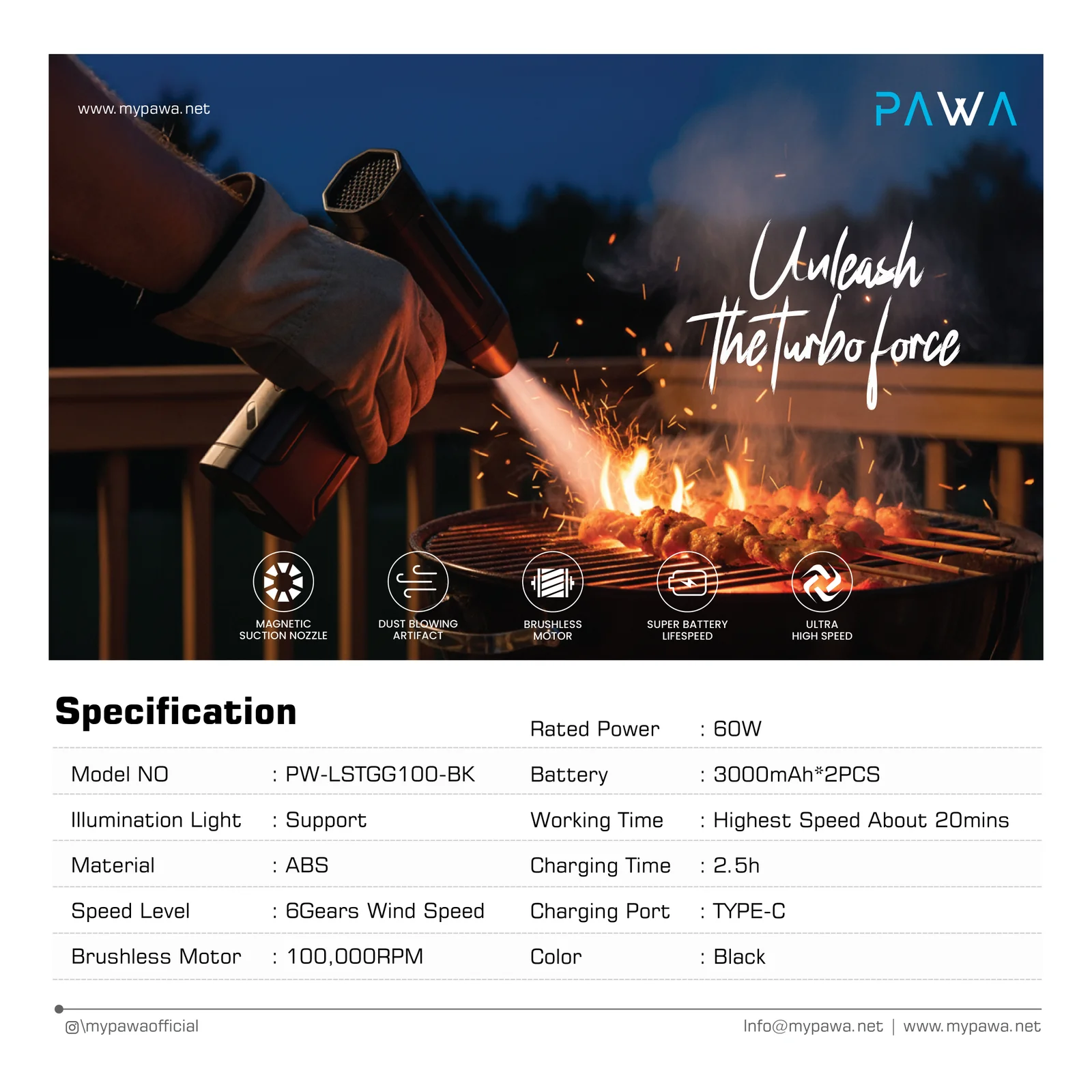 PAWA TURBO FAN BLOWER WITH LED LIGHT BLACK PW-LSTGG100-BK - Image 3