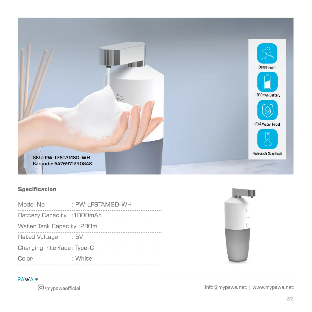 PAWA SOAP DISPENSER AUTOMATIC WITH 2 LEVELS OF DISTANCE SENSING WHITE PW-LFSTAMSD-WH - Image 3