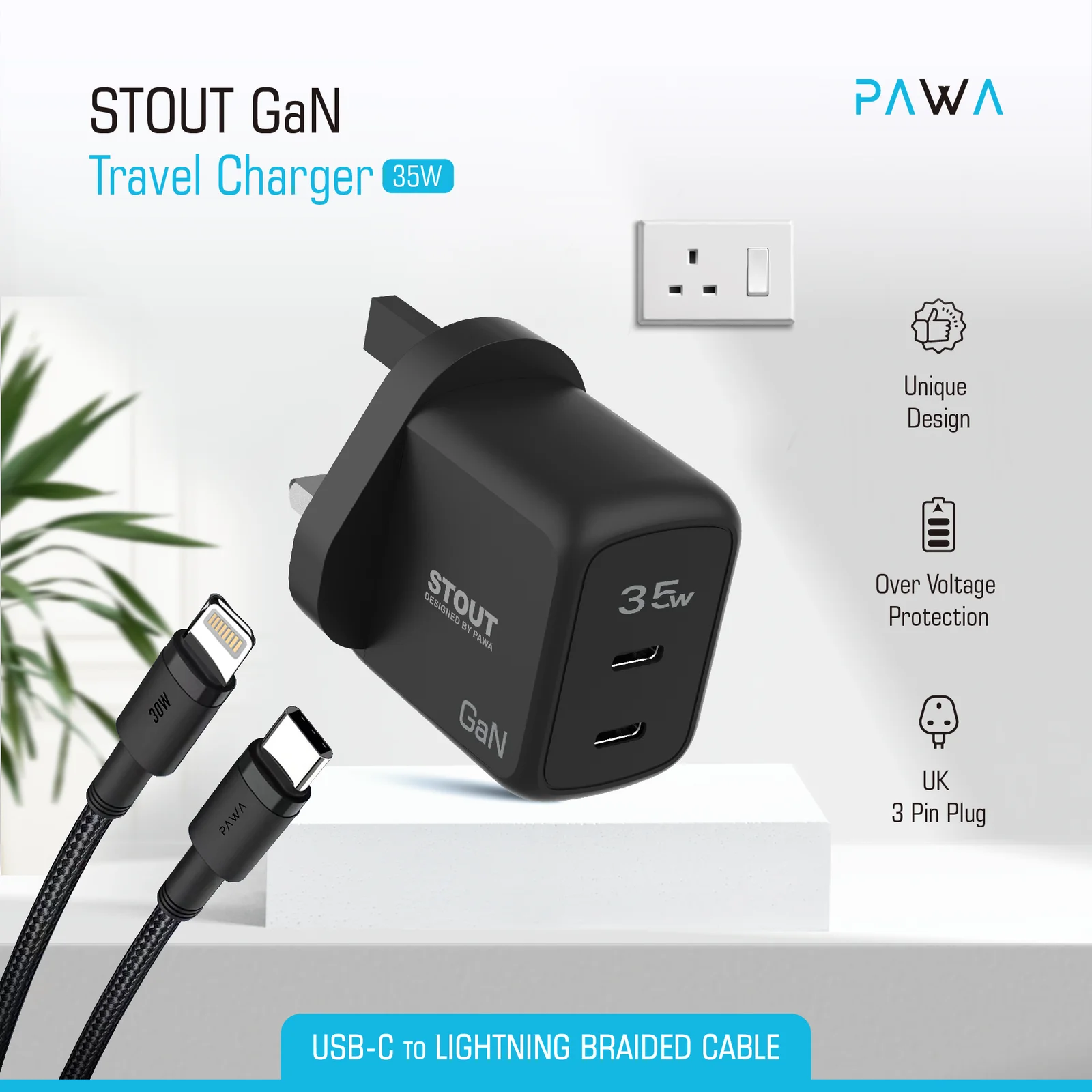 PAWA STOUT GAN TRAVEL CHARGER WITH DUAL PD PORT 35W UK STANDARD BLACK PW-GN35UK-BK - Image 2