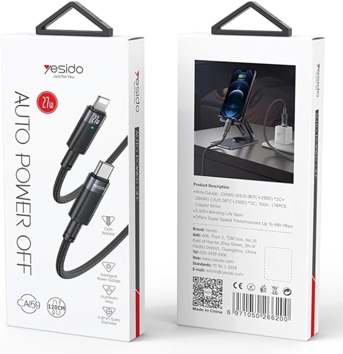 YESIDO 27W USB-C TO LIGHTNING AUTO DISCONNECTING CHARGING CABLE 1.2M BLACK CA159 - Image 7