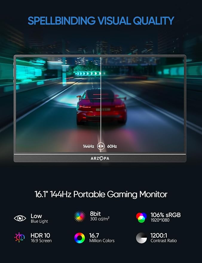 ARZOPA 16 INCH ULTRA SLIM 144HZ FHD 1080P MONITOR GREY Z1FC WITH SLEEVE BAG - Image 4
