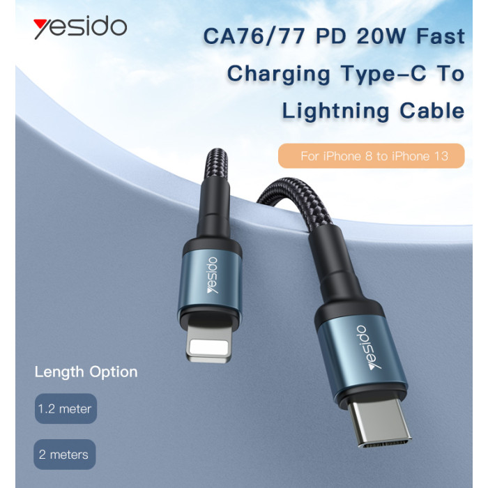 YESIDO 20W USB-C TO LIGHTNING CABLE 1.2M BLACK CA76 - Image 2