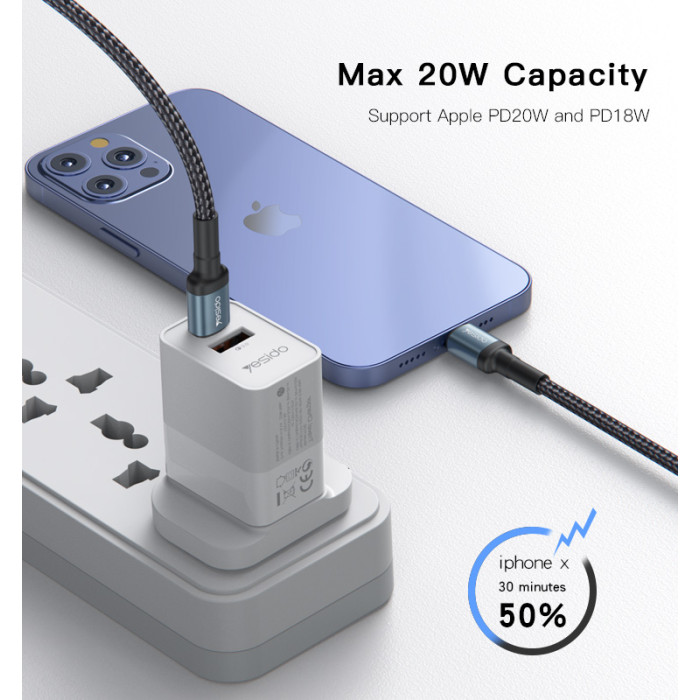 YESIDO 20W USB-C TO LIGHTNING CABLE 1.2M BLACK CA76 - Image 3