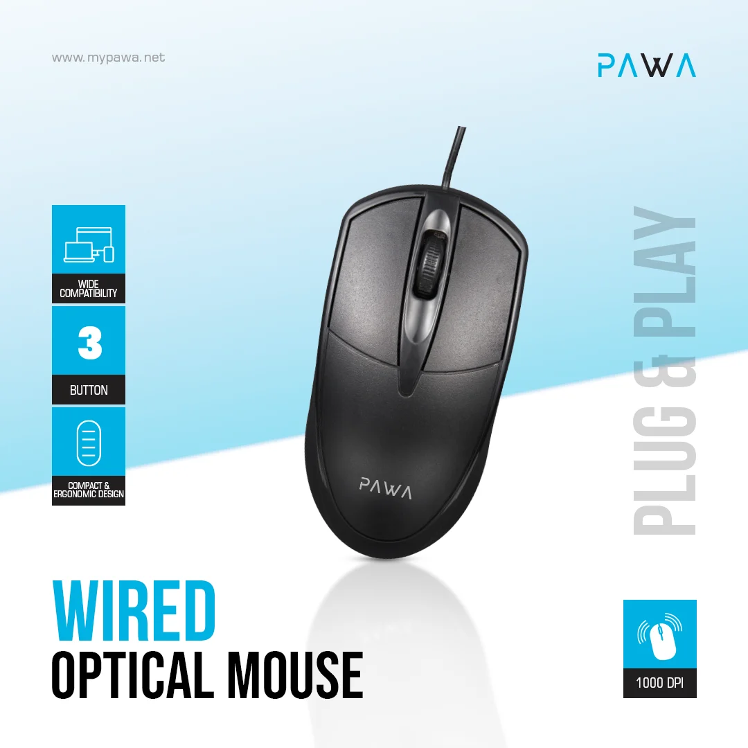 PAWA WIRED OPTICAL MOUSE BLACK PW-MWN2TC15-BK - Image 2
