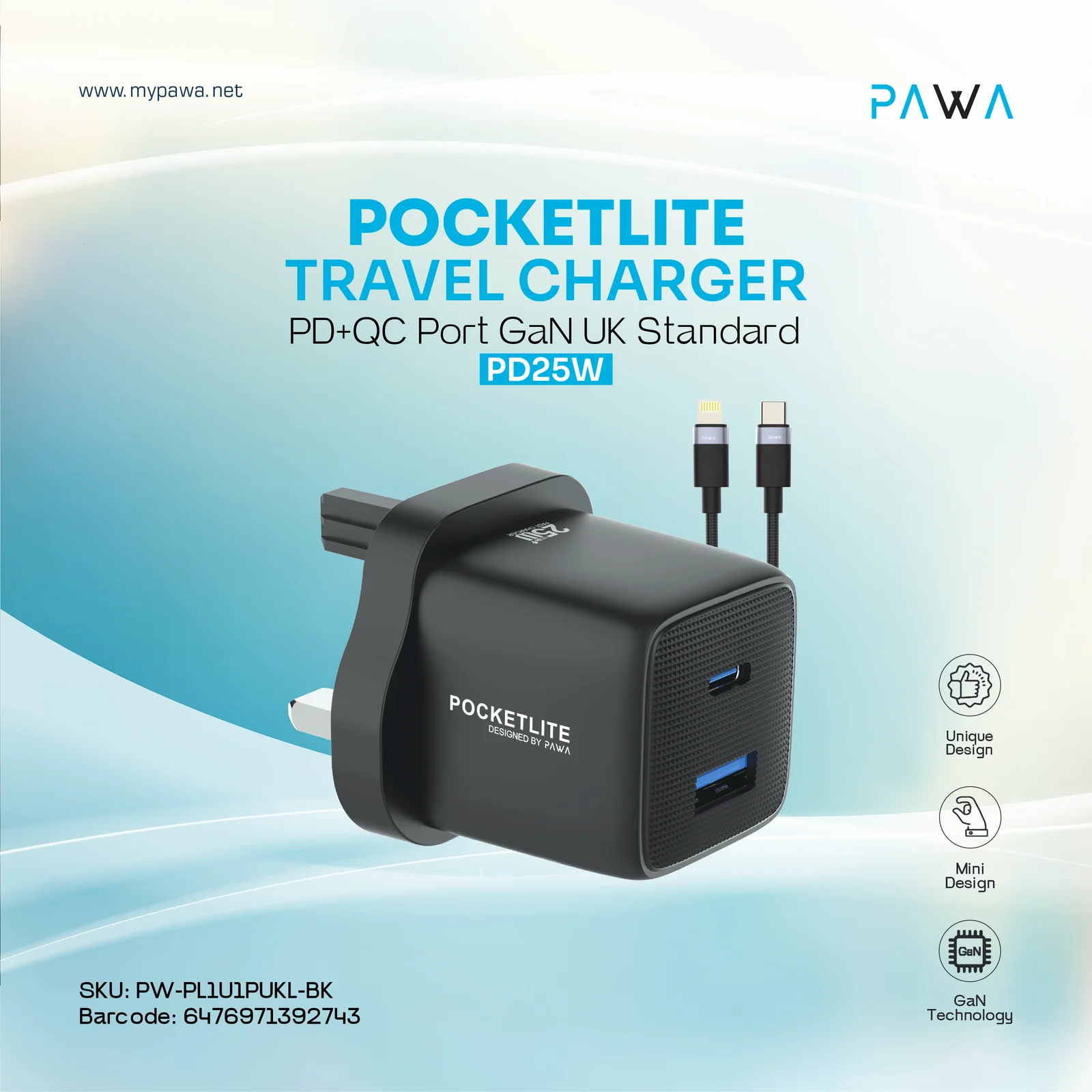 PAWA POCKETLITE TRAVEL CHARGER PD+QC PORT GAN UK STANDARD PD25W TYPE C LIGHTING CABLE BLACK PW-PL1U1PUKL-BK - Image 4