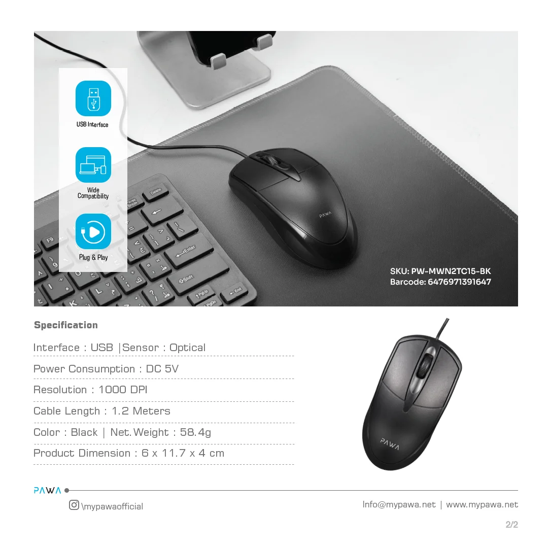 PAWA WIRED OPTICAL MOUSE BLACK PW-MWN2TC15-BK - Image 3