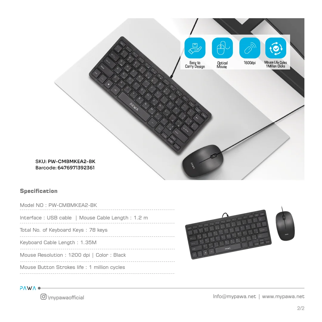 PAWA WIRED SLIM KEYBOARD AND MOUSE MINI DESKTOP PACK BLACK PW-CMBMKEA2-BK - Image 3