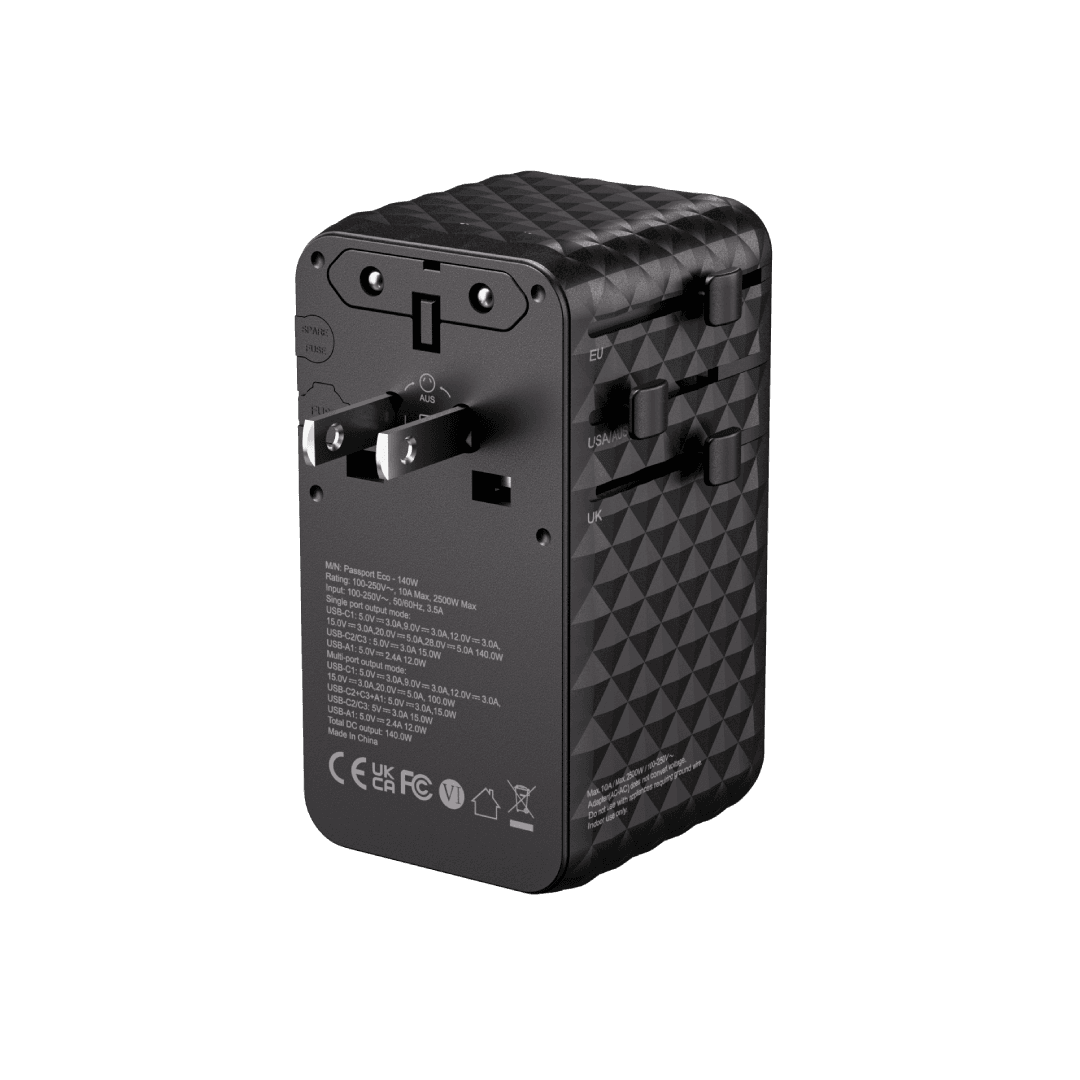 BLUPEBBLE PASSPORT 7 WORLD TRAVEL ADAPTER WITH GAN TECH 140W+2 USB-C+1 USB-A W CABLE BP-TVL007-BK - Image 4