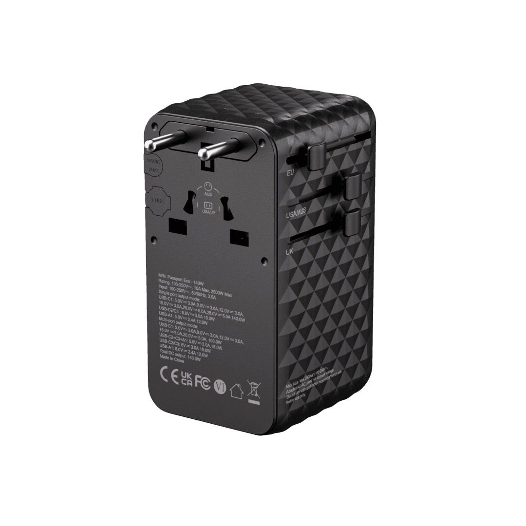 BLUPEBBLE PASSPORT 7 WORLD TRAVEL ADAPTER WITH GAN TECH 140W+2 USB-C+1 USB-A W CABLE BP-TVL007-BK - Image 3