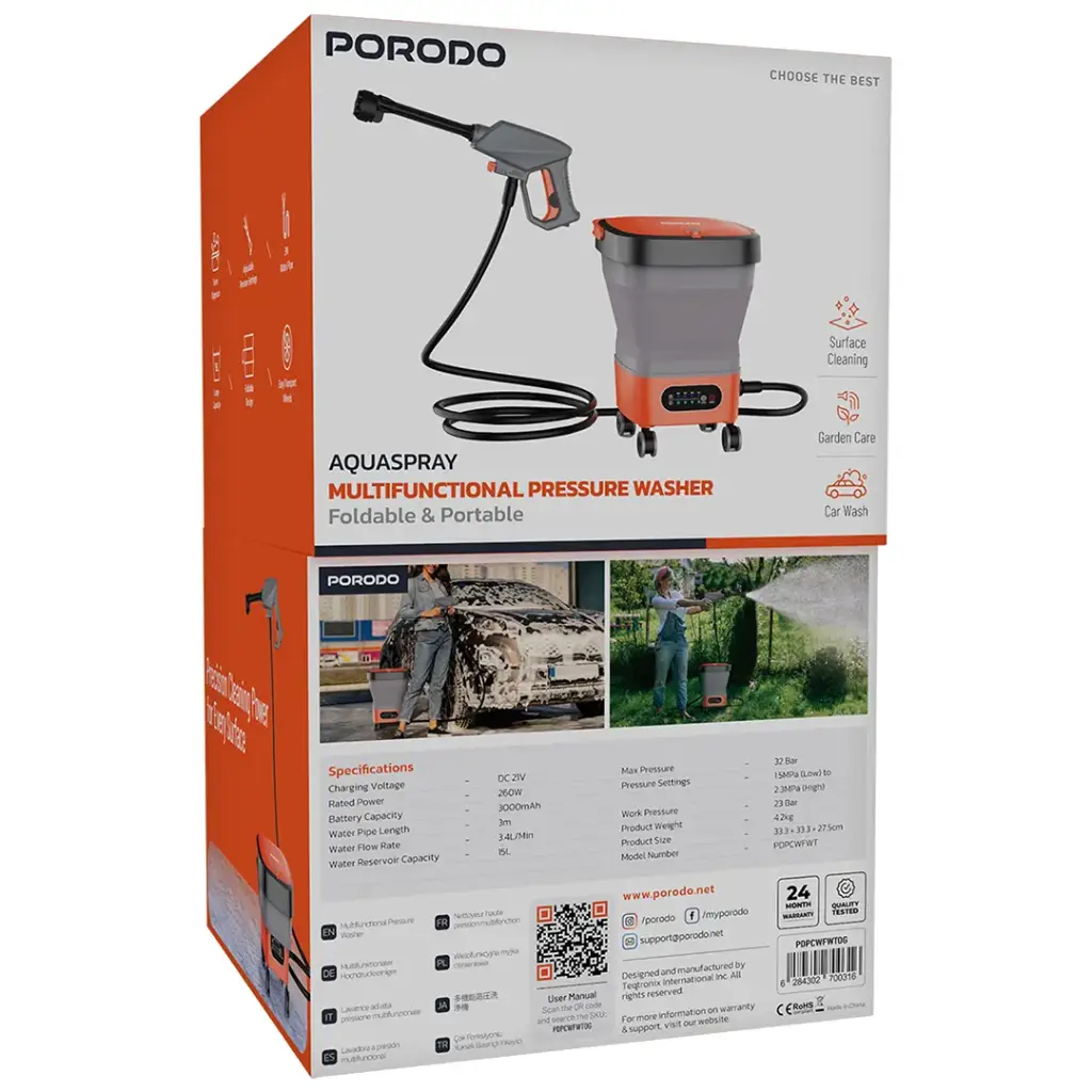 PORODO AQUASPRAY MULTIFUNCTIONAL PRESSURE WASHER FOLDABLE AND PORTABLE ORANGE PDPCWFWTOG - Image 3