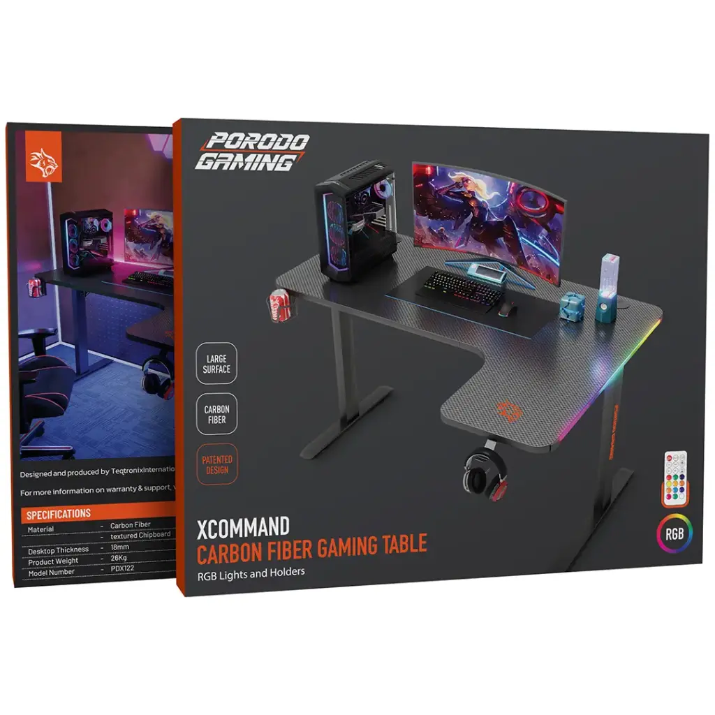 PORODO GAMING XCOMMAND CARBON FIBER GAMING TABLE RGB LIGHTS AND HOLDERS BLACK PDX122BK - Image 3