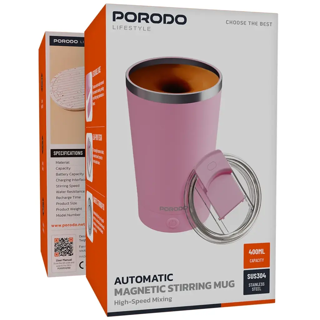 PORODO LIFESTYLE AUTOMATIC MAGNETIC STIRRING MUG HIGH SPEED MIXING PINK PDSSMHQ168PK - Image 2