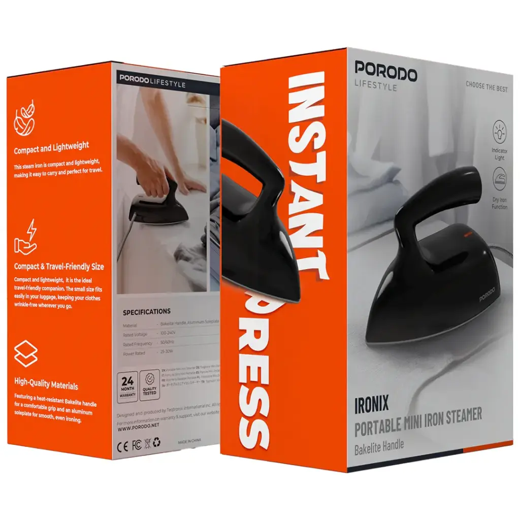 PORODO LIFESTYLE IRONIX PORTABLE MINI IRON STEAMER BLACK PDLFST227SBK - Image 2