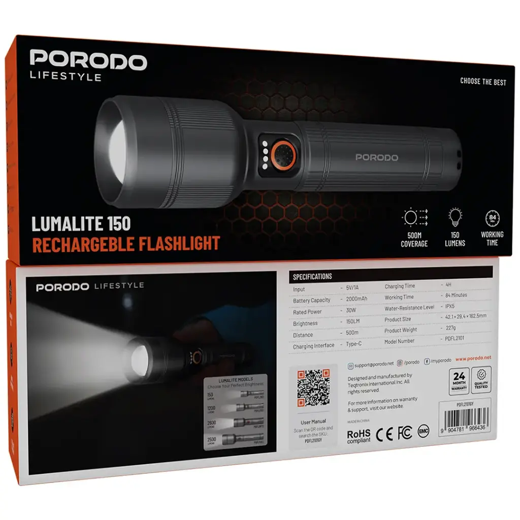 PORODO LIFESTYLE LUMALITE 150 RECHARGEBLE FLASHLIGHT GRAY PDFL2101GY - Image 5