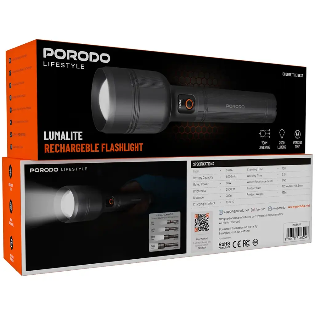 PORODO LIFESTYLE LUMALITE 2500 RECHARGEBLE FLASHLIGHT GRAY PDFL5102GY - Image 6