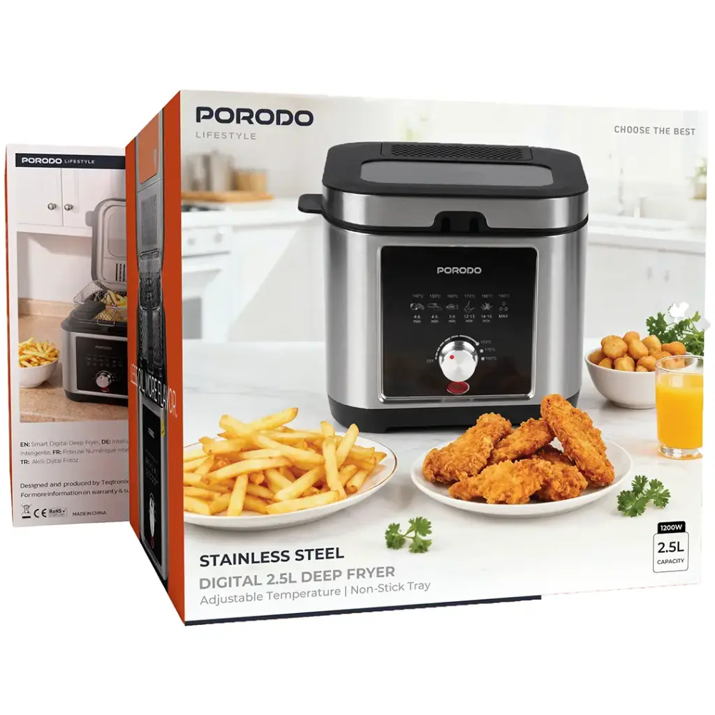 PORODO LIFESTYLE STAINLESS STEEL 2.5L DEEP FRYER ADJUSTABLE TEMPERATURE NON STICK TRAY SILVER PDLFSTED02FSL - Image 3