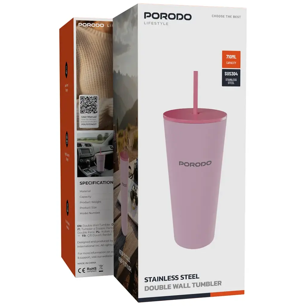 PORODO LIFESTYLE STAINLESS STEEL DOUBLE WALL TUMBLER PINK PDLFSTDN027PK - Image 2