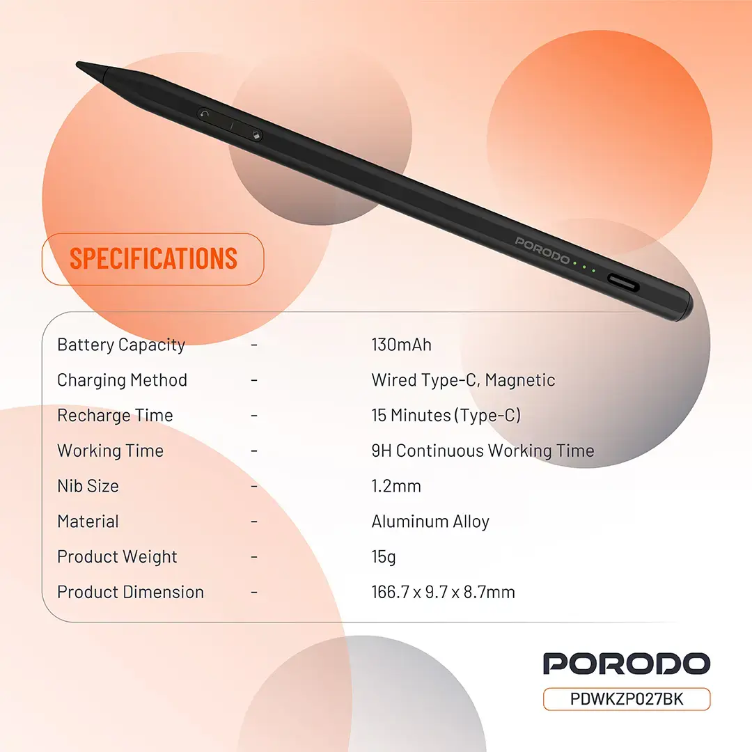 PORODO MAGNETIC STYLUS IPAD PEN COMPATIBLE WITH 2018-2025 MODELS BLACK PDWKZP027BK - Image 4