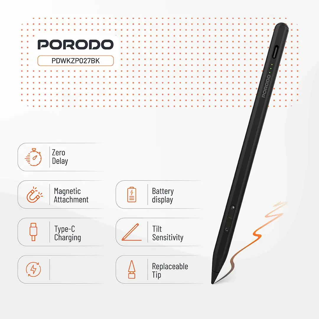 PORODO MAGNETIC STYLUS IPAD PEN COMPATIBLE WITH 2018-2025 MODELS BLACK PDWKZP027BK - Image 5