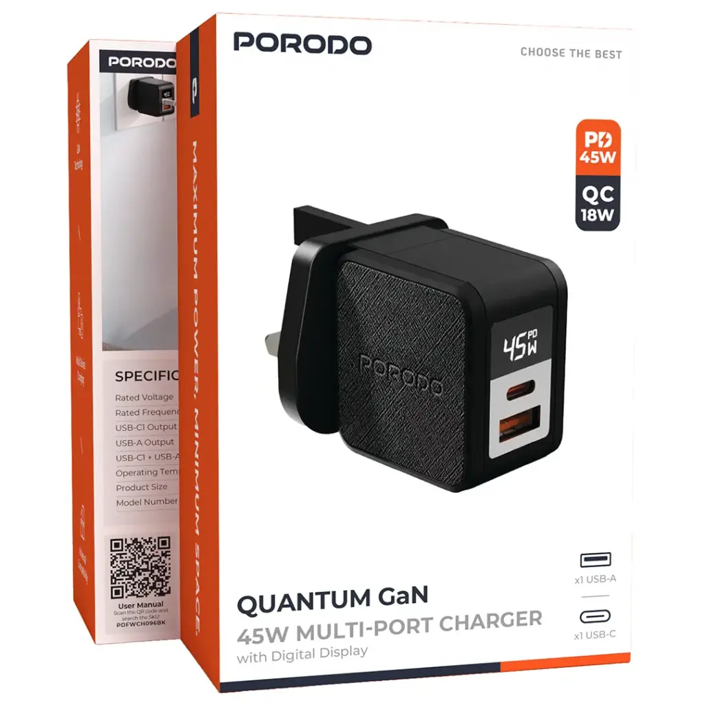 PORODO QUANTUM GAN 45W MULTI PORT CHARGER WITH DIGITAL DISPLAY BLACK PDFWCH096BK - Image 3