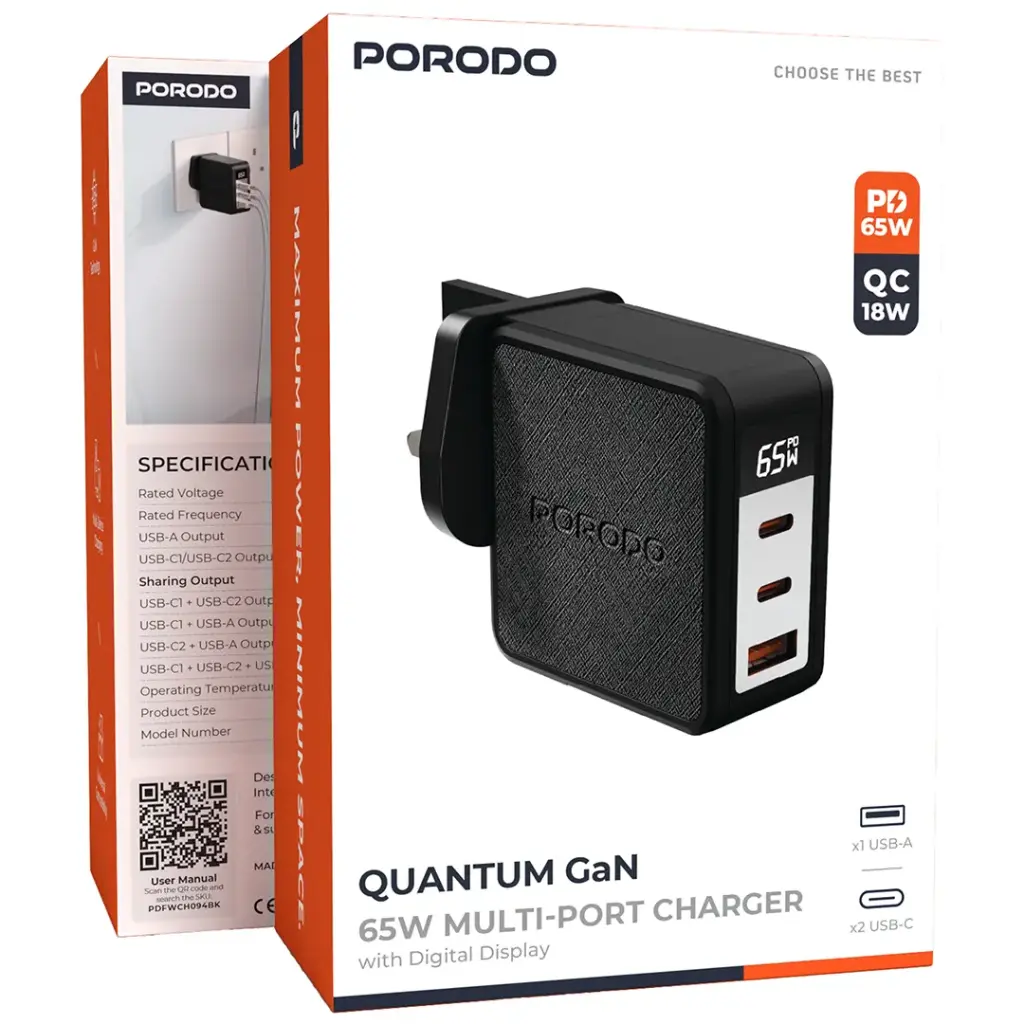PORODO QUANTUM GAN 65W MULTI PORT CHARGER WITH DIGITAL DISPLAY BLACK PDFWCH094BK - Image 3