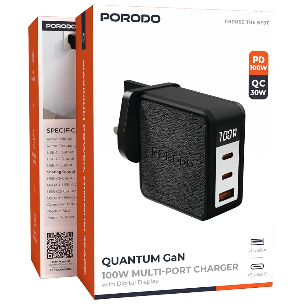 PORODO QUANTUM GAN 100W MULTI PORT CHARGER WITH DIGITAL DISPLAY BLACK PDFWCH095BK - Image 3
