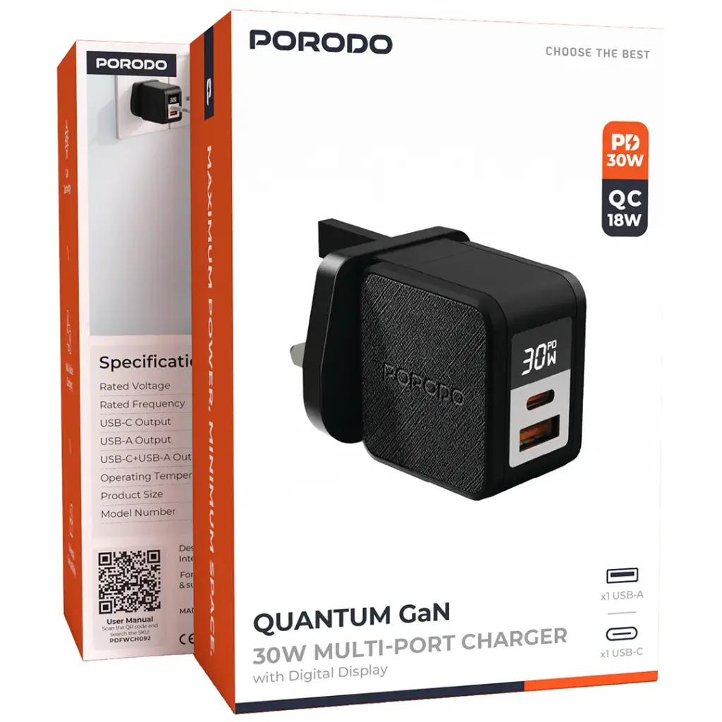 PORODO QUANTUM GAN 30W MULTI PORT CHARGER WITH DIGITAL DISPLAY BLACK PDFWCH092BK - Image 3