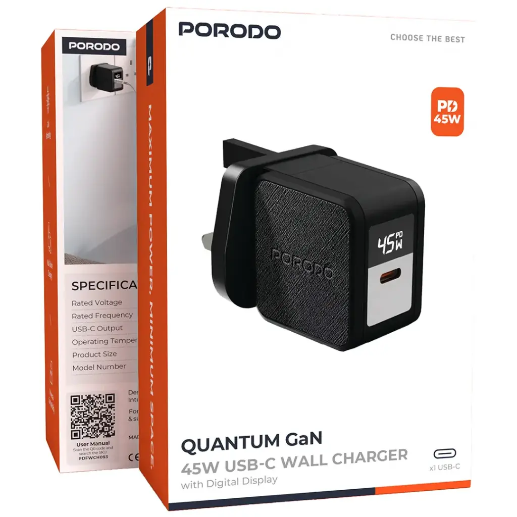 PORODO QUANTUM GAN 45W USB C WALL CHARGER WITH DIGITAL DISPLAY BLACK PDFWCH093BK - Image 3