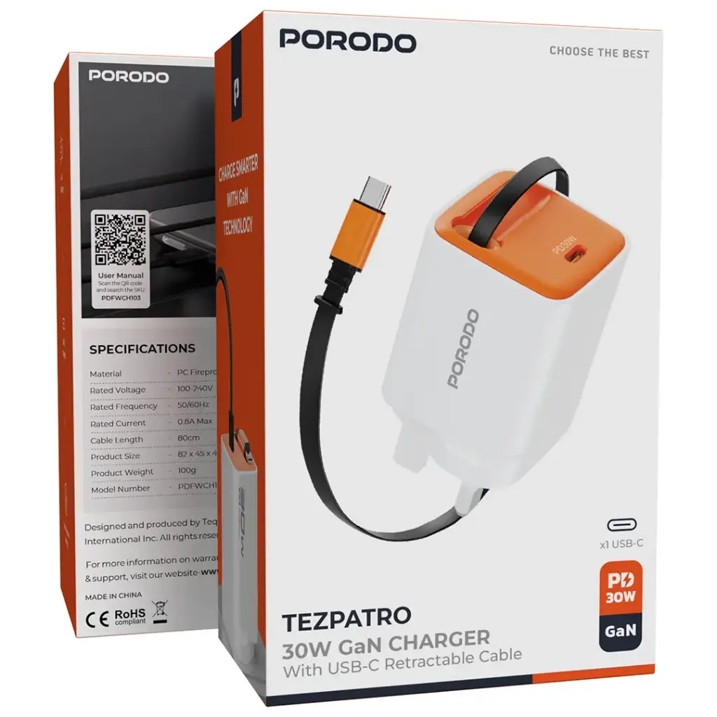 PORODO TEZPATRO 30W GAN CHARGER WITH USB C RETRACTABLE CABLE WHITE PDFWCH103WH - Image 2