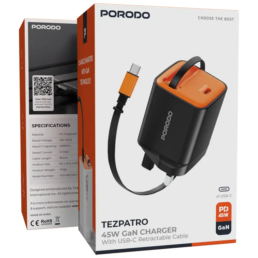 PORODO TEZPATRO 45W GAN CHARGER WITH USB C RETRACTABLE CABLE BLACK PDFWCH104BK - Image 2
