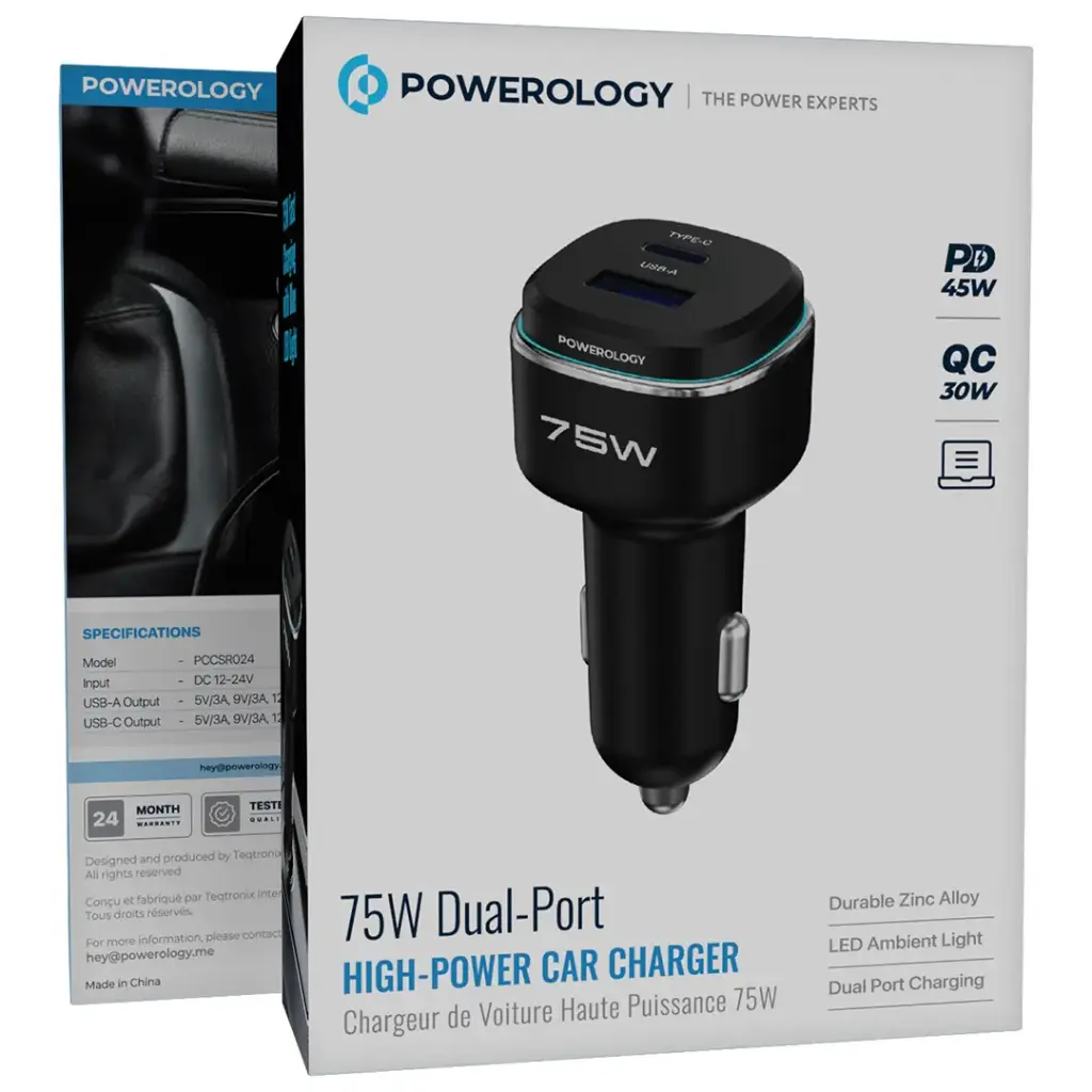 POWEROLOGY 75W DUAL PORT HIGH POWER CAR CHARGER PD45W BLACK-BLUE PCCSR024BKBU - Image 2