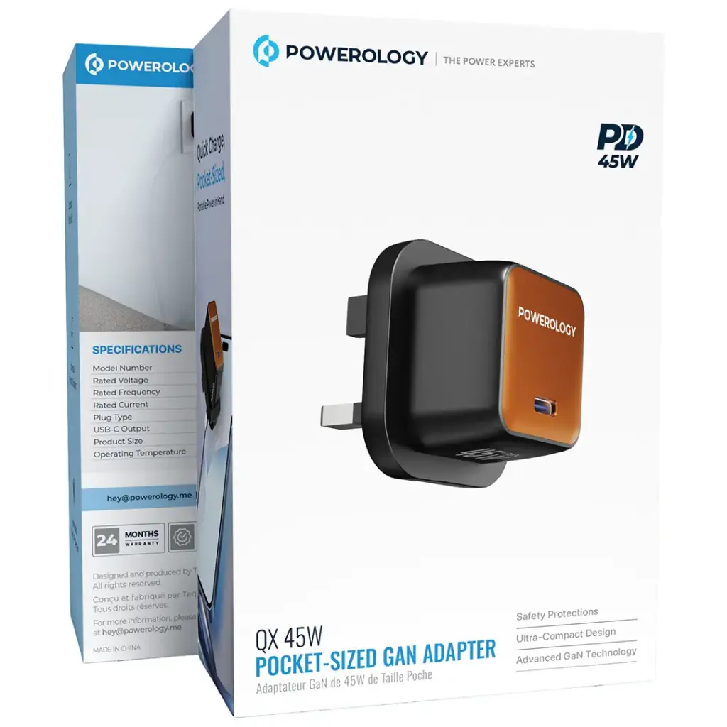 POWEROLOGY QX 45W POCKET SIZED GAN ADAPTER WITH TYPE C CABLE BLACK/ORANGE PWCUQC055BKOGC - Image 2