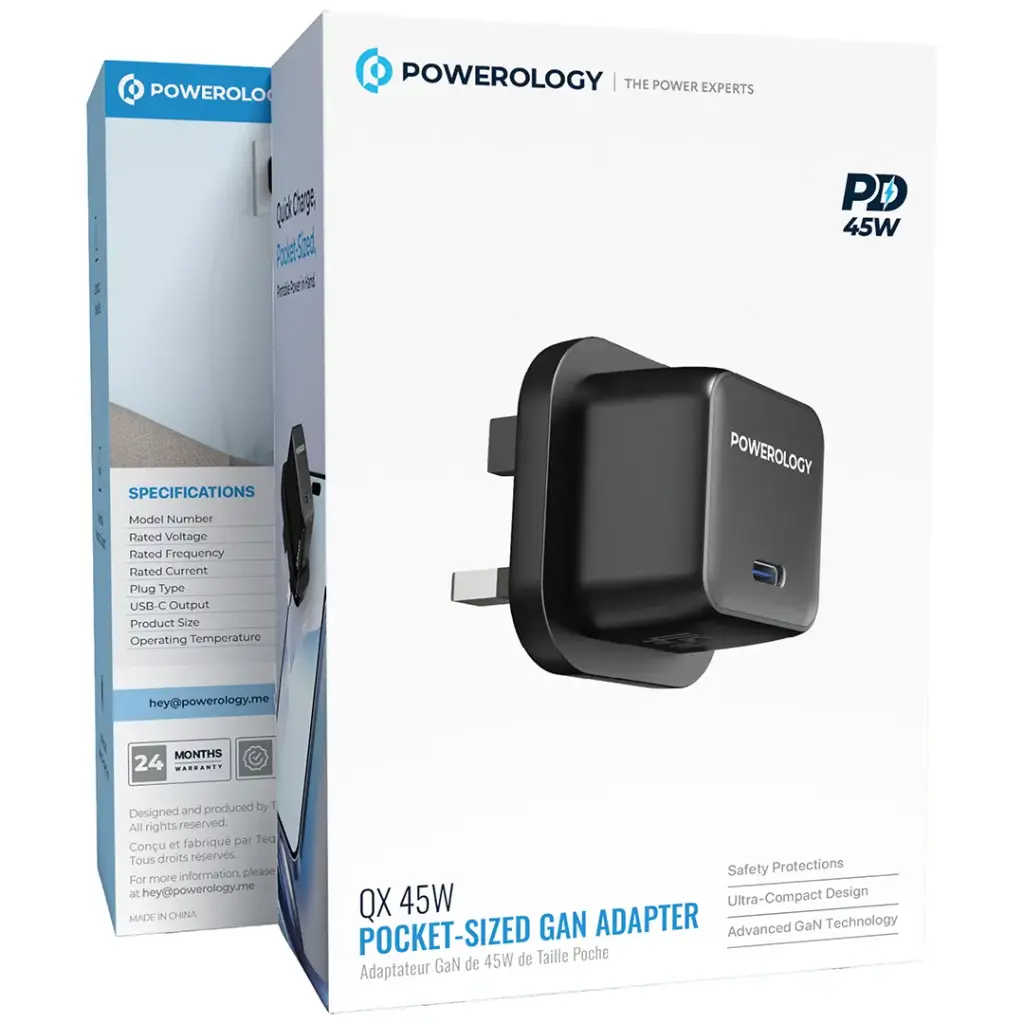 POWEROLOGY QX 45W POCKET SIZED GAN ADAPTER WITH TYPE C CABLE BLACK PWCUQC055BKC - Image 2