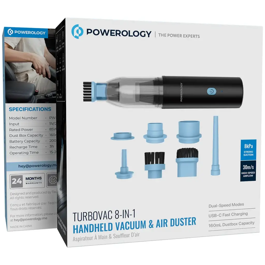 POWEROLOGY TURBOVAC 8 IN 1 HANDHELD VACUUM AND AIR DUSTER BLACK PWLFVD05BK - Image 4