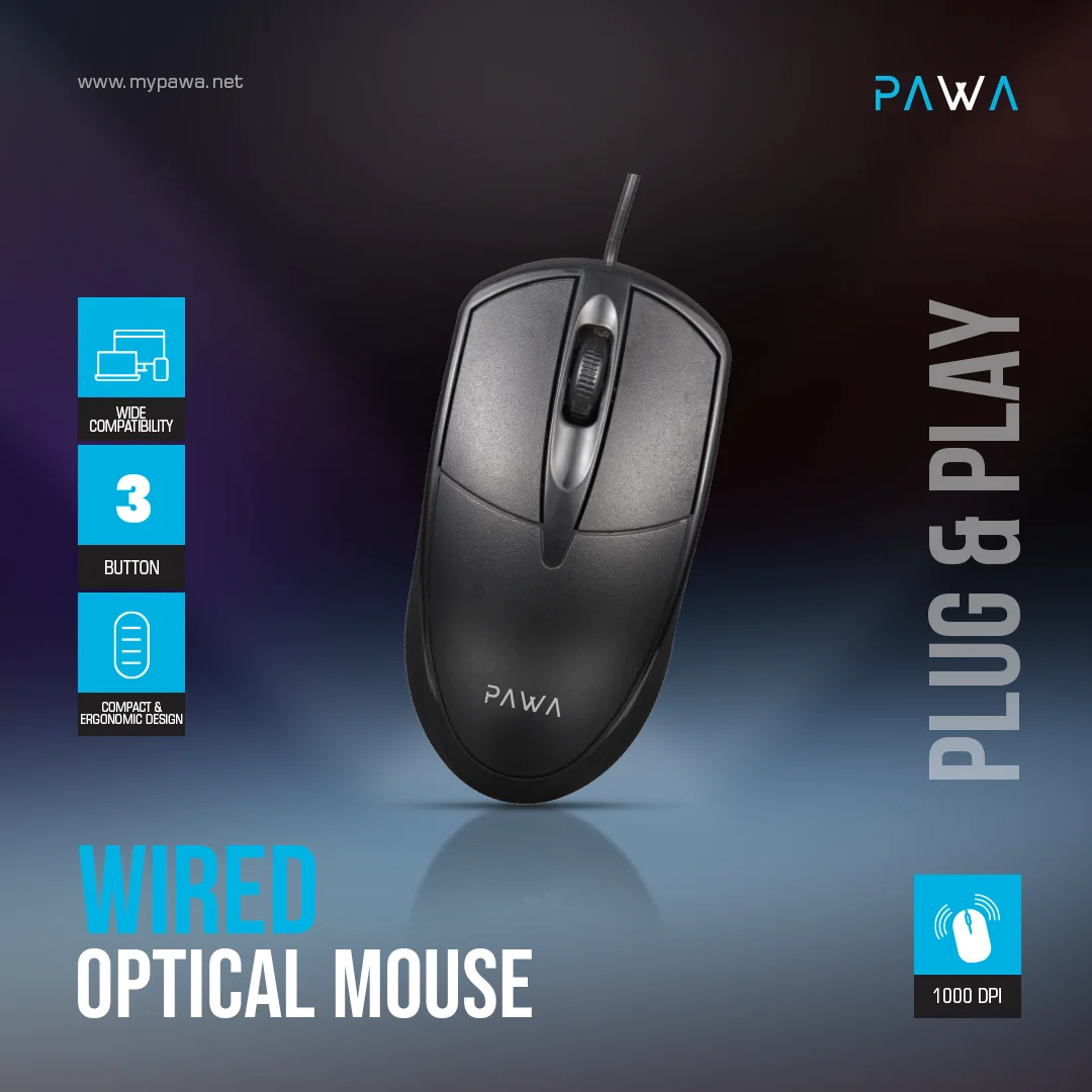 PAWA WIRED OPTICAL MOUSE BLACK PW-MWN2TC15-BK - Image 5
