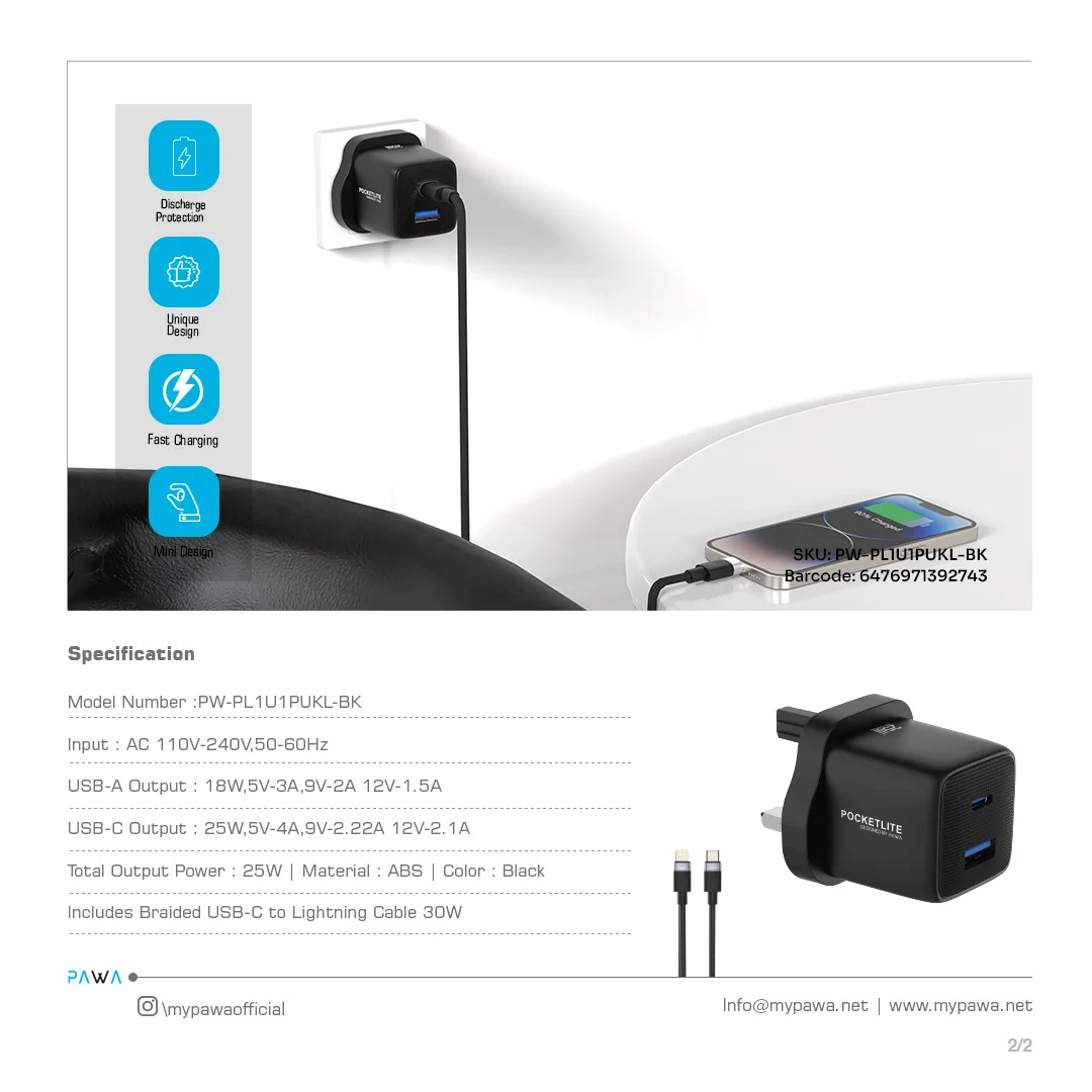 PAWA POCKETLITE TRAVEL CHARGER PD+QC PORT GAN UK STANDARD PD25W TYPE C LIGHTING CABLE BLACK PW-PL1U1PUKL-BK - Image 3