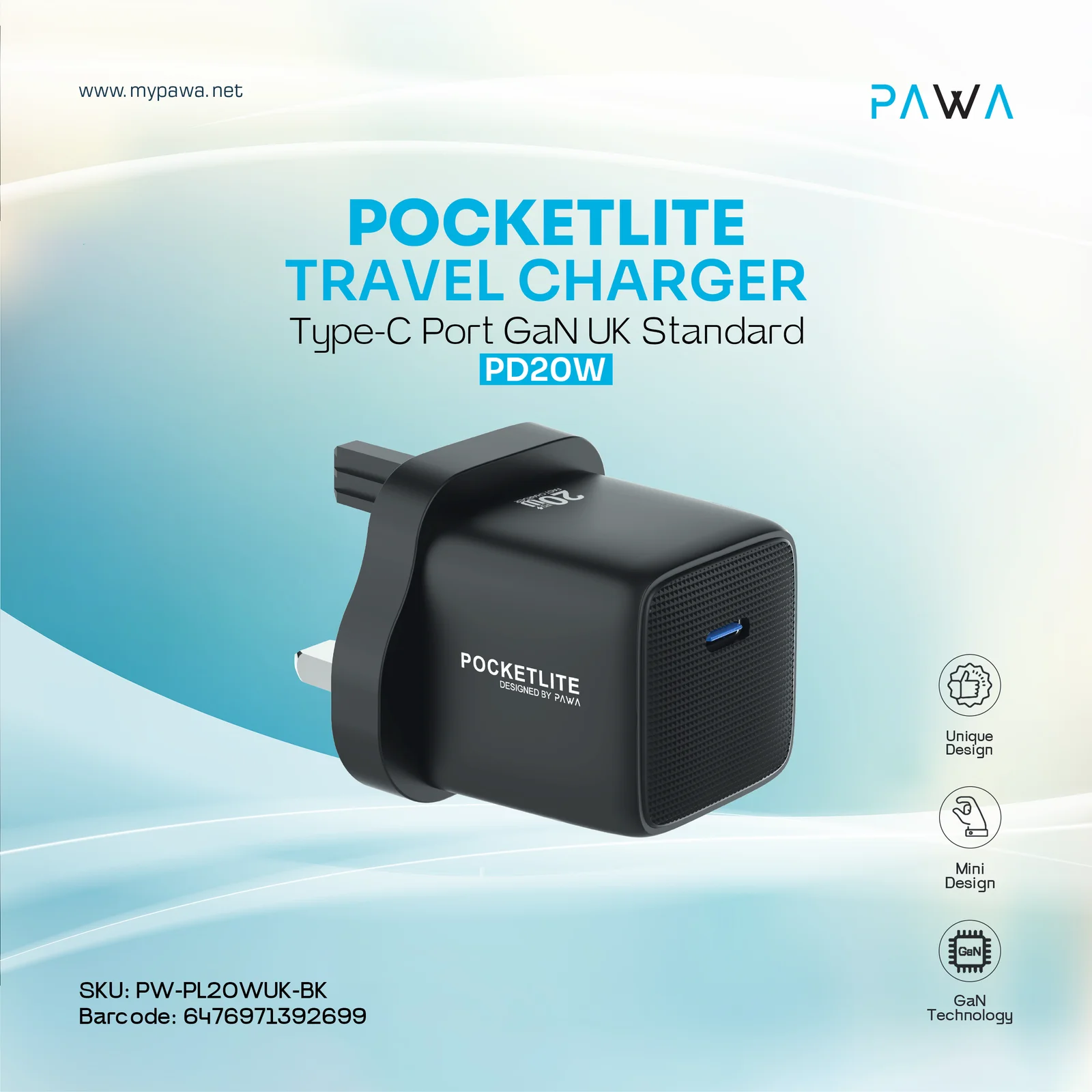 PAWA POCKETLITE TRAVEL CHARGER PD+QC PORT GAN UK STANDARD PD25W BLACK PW-PL1U1PUK-BK - Image 2