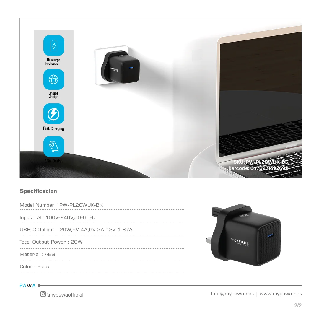 PAWA POCKETLITE TRAVEL CHARGER PD+QC PORT GAN UK STANDARD PD25W BLACK PW-PL1U1PUK-BK - Image 3