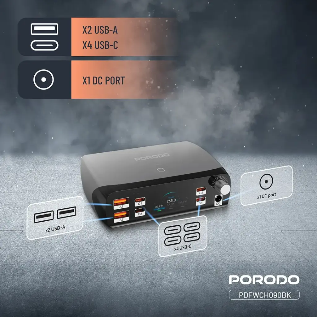 PORODO POWERGATE SMART CHARGING STATION PD100W GAN BLACK PDFWCH090BK - Image 2