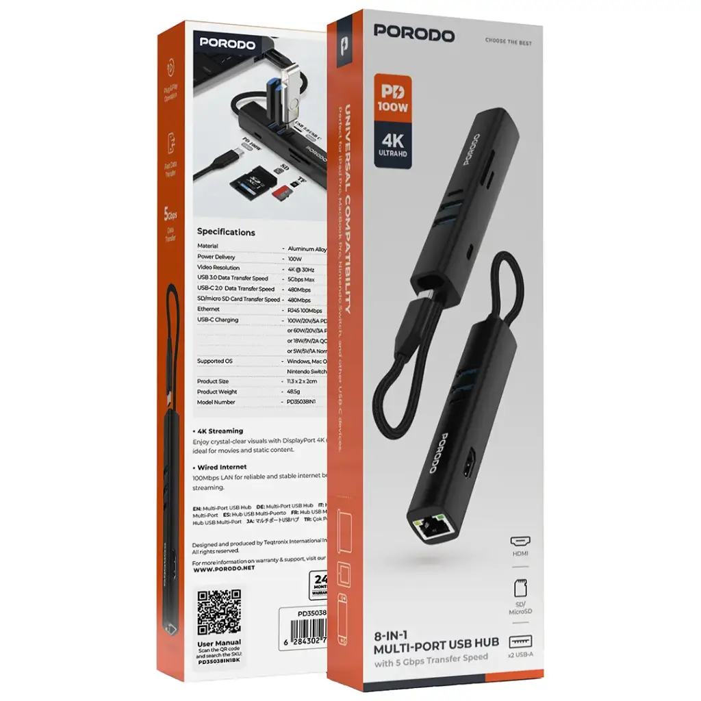 PORODO 8 IN 1 MULTI PORT USB HUB WITH 5 GBPS TRANSFER SPEED BLACK PD35038IN1BK - Image 2